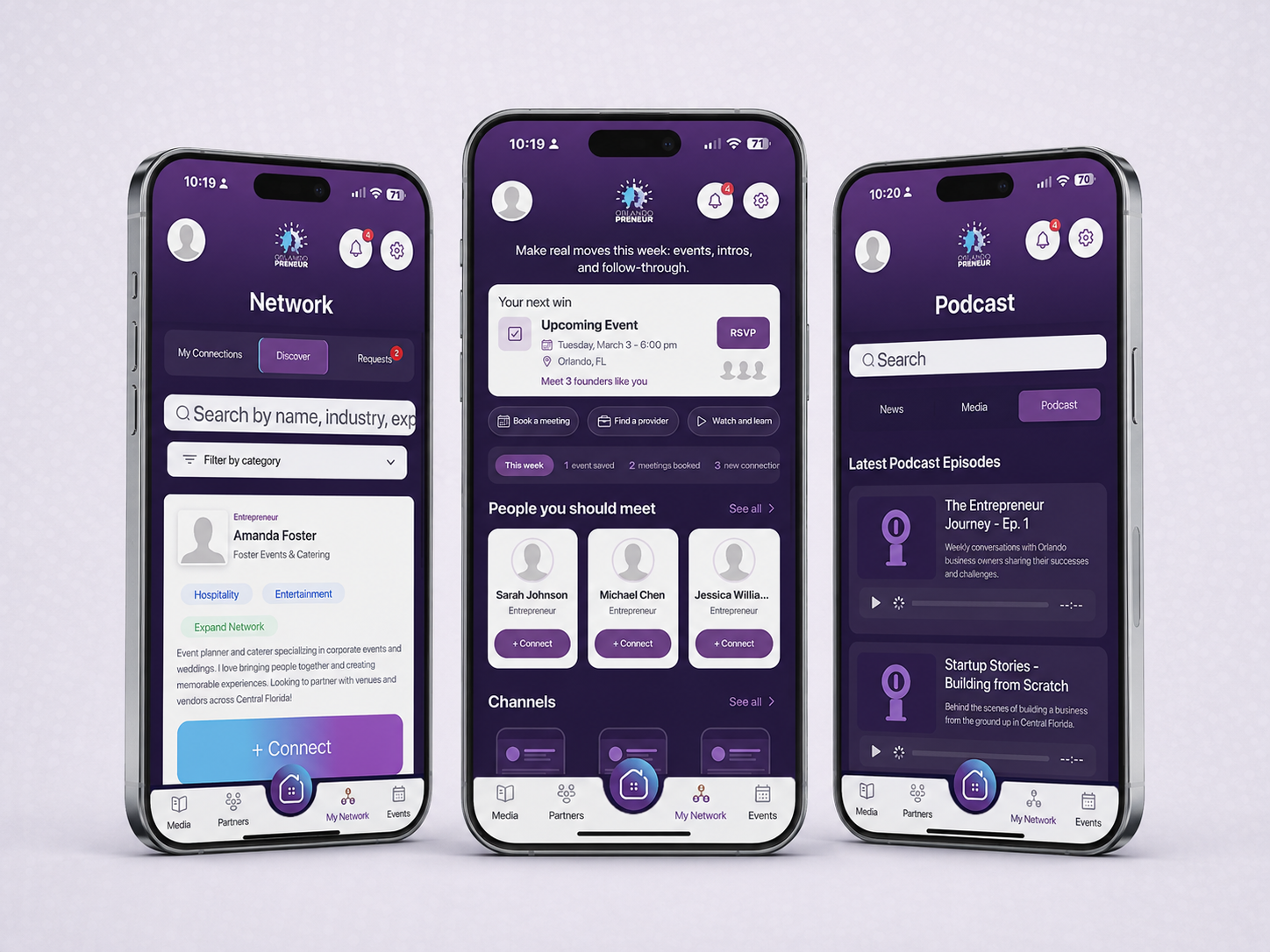 OrlandoPreneur app on three iPhones